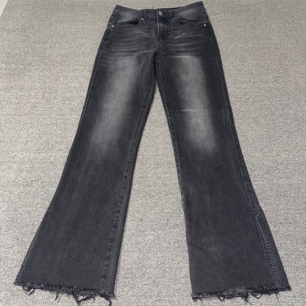 Risen Los Angeles Washed Black Flare Jean Raw Hem Side Slit Size 25/1 Minimalist